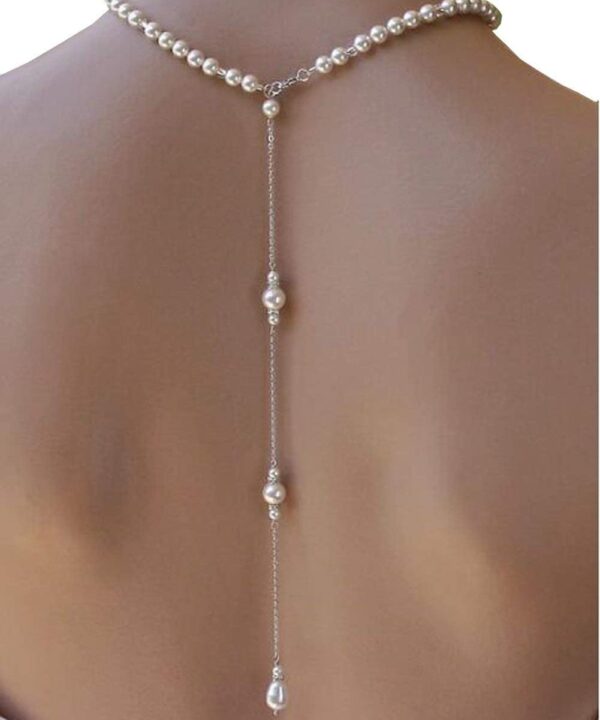 1PCS Exquisite Imitation Pearls Necklace Sexy Tassel Backdrop Necklace Long Body Chain Pendant Backless Dress Accessories Decoration Bikini Bodychain for Women Wedding Brides and Prom