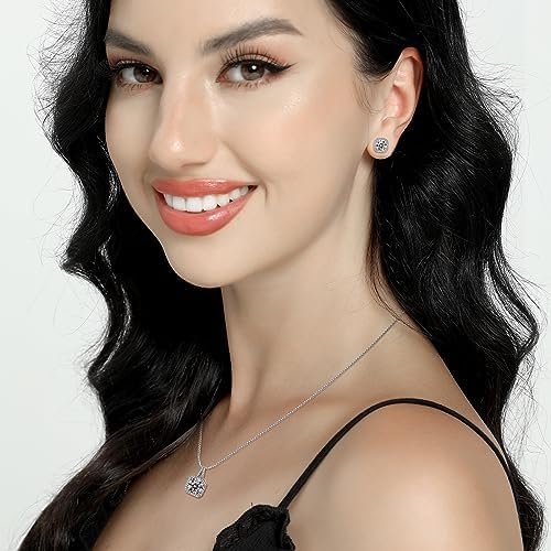 Cubic Zirconia Necklace and Earrings Set for Women 14K White Gold Plated Bridesmaid Silver Jewelry Set for Women Pendant Necklace Hypoallergenic Stud Earrings Set Jewellery Gift for Mom Wife Bride Bridesmaid