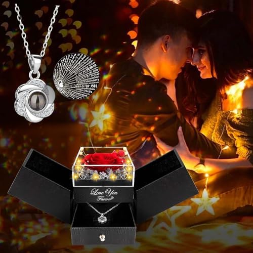 ENERLEAF Preserved Red Real Rose-Eternal Flowers Rose Gifts for Mom Grandma Wife Girlfriend on Mothers Day Birthday Valentines Christmas Anniversary Romantic Gifts for Her with I Love You Necklace