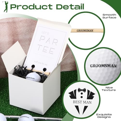 6 Sets Groomsman Proposal Gift Box With Golf Ball, Bamboo Tees, Invitation Cards – Accessories for Wedding, Best Men, DIY – Black, White