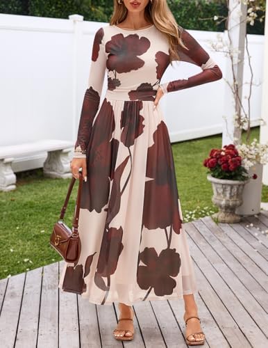 MEROKEETY Womens Long Sleeve Spring Wedding Guest Dress 2026 Crewneck Floral Flowy Mesh Cocktail Maxi Dresses