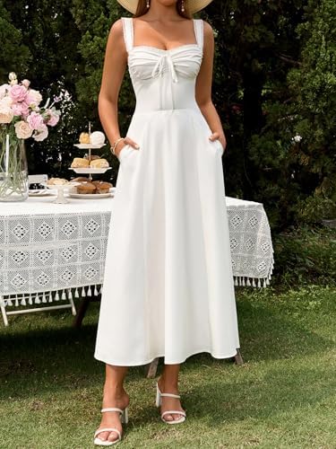 KUTUMAI Floral Corset Midi Dresses for Women 2026 Lace Up Flowy Summer Wedding Guest Dress with Pockets