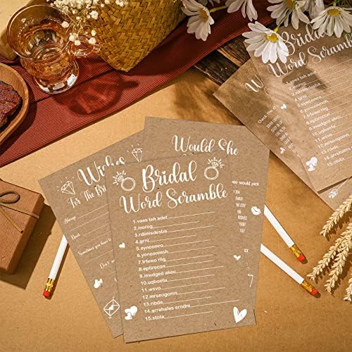 Funtery 145 Pcs Rustic Kraft Bridal Shower Games 5 Fun Wedding Party Games Activities Set Include 125 Wedding Shower Cards 20 Pencils Bride Groom Bachelorette Party Favor Supplies, for 25 Guests