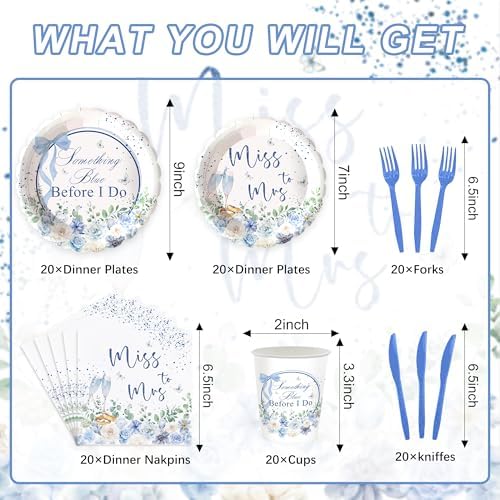 120PCS Something Blue Before I Do Decorations for Wedding Blue Floral Bridal Shower Party Supplies Bachelorette Tableware Set Miss to Mrs Plates Napkins Cups Forks Knives for 20 Guests