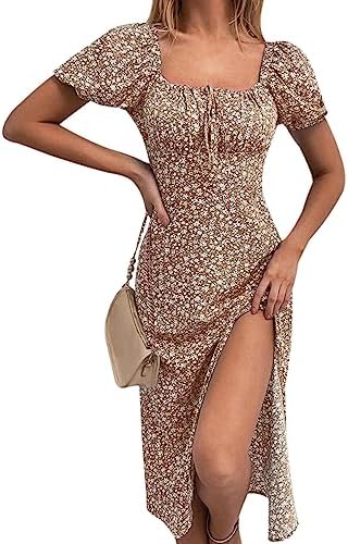 SPRIME Womens Floral Summer Casual Dress Square Neck Puff Sleeve Boho Midi Dresses Ruched Bust High Waist Split Long Dress