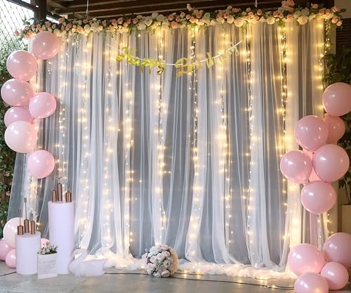White Tulle Backdrop Curtain with Lights String for Parites 108ft Sheer Backdrop Curtains White Curtain Backdrop for Wedding Baby Shower Birthday Party Photo Shoot Decorations(2 Panels 10ft8ft)