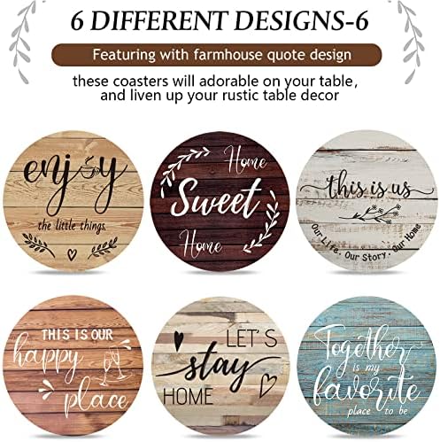 Queekay Coasters Set of 6 House Warming Gifts New Home Wooden Farmhouse Drink Coasters with Holder 4 Funny Decoration for Kitchen Family Coffee Bar Tabletop Protection(Farmhouse Color)
