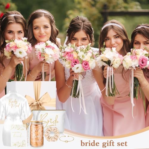Irenare 8 Pcs Bride Gifts Set for Bridal Shower Bachelorette Party Robe Cup Makeup Bag Bracelet Scrunchies Card Pen Gift Box(White)
