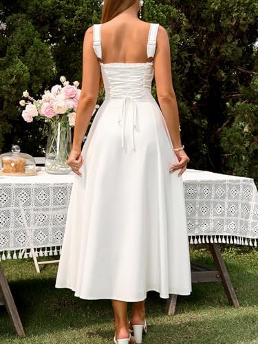 KUTUMAI Floral Corset Midi Dresses for Women 2026 Lace Up Flowy Summer Wedding Guest Dress with Pockets