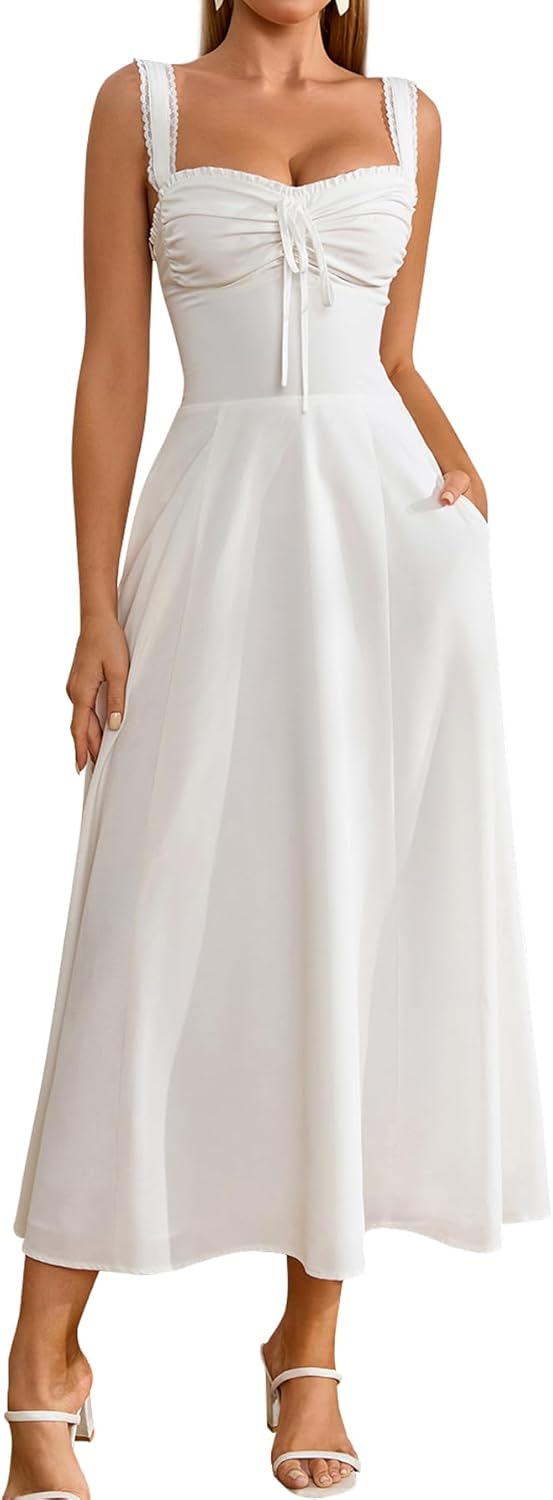 KUTUMAI Floral Corset Midi Dresses for Women 2026 Lace Up Flowy Summer Wedding Guest Dress with Pockets