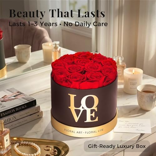 Graclect Preserved Roses in a Box 12 Real Forever Flowers, Luxury Round Flower Gift for Her, Elegant Red Roses for Valentines Day, Anniversary & Home Dcor