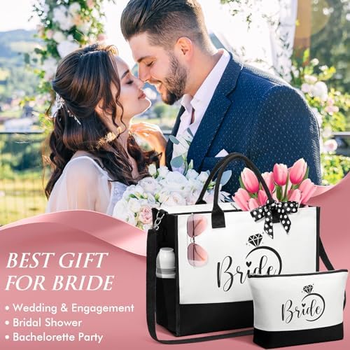 MAYICIVO Bridal Shower Gifts for Bride, Bride to Be Gifts Wedding Engagement Bachelorette Party Gift for Brides Congratulation Honeymoon Gift Set – Canvas Beach Tote Bag & Makeup Bag