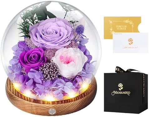 MAMAMIKO Preserved Roses in Glass Dome with LED Light – Long Lasting Real Roses, Forever Flowers for Delivery, Mothers Gifts for Her, Mom, Wife Anniversary Birthday Gifts for Women, Purple