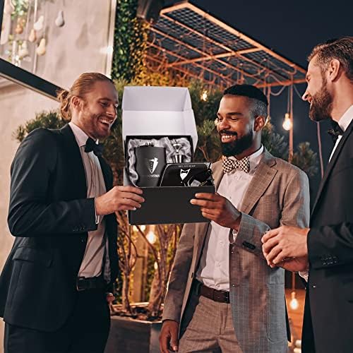6 Pieces Groomsmen Gifts Groomsman Proposal Wedding Party Box Set:8oz Stainless Steel Tuxedo Flask with cups Poker Bottle Cap Opener Sunglass Card Sticker Groomsman Box for Wedding Bachelor Party