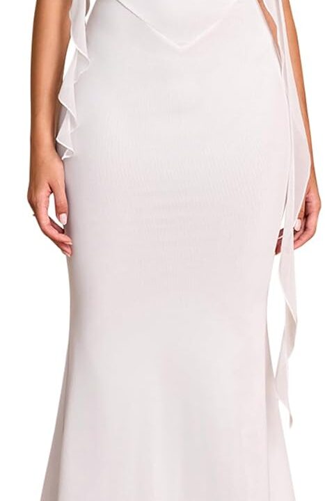 KUTUMAI Elegant Long Formal Wedding Guest Dresses for Women Ruffle Bodycon Cocktail Party Maxi Dress