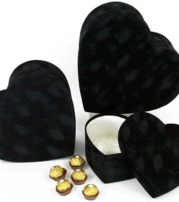 UNIKPACKAGING Premium Quality Heart Shaped Velvet Flower Boxes, SET OF 3, Gift Boxes for Luxury Flower and Gift Arrangements, with Lids, (Black)