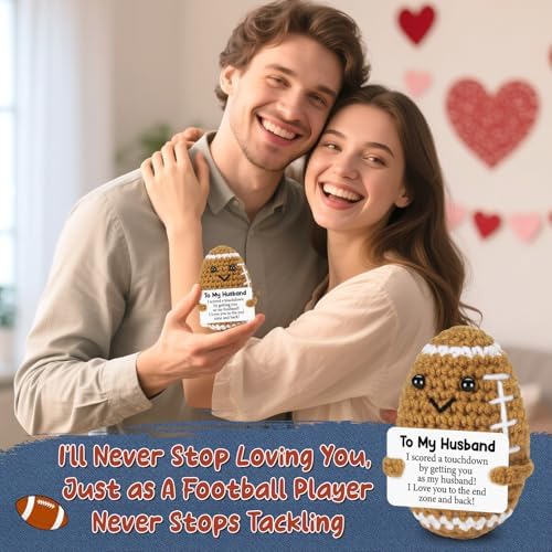Valentines Day Gifts for Husband from Wife, To My Husband Handmade Crochet Football Birthday Gift for Him, Wedding Anniversary Present for Men, Romantic Valentines Decor for Couple, Hubby, Spouse