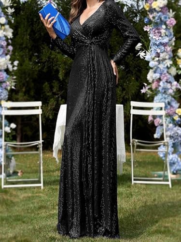 meilun Long Sleeve Sequin Dress for Women Formal Gowns Sparkly V Neck Maxi Dress