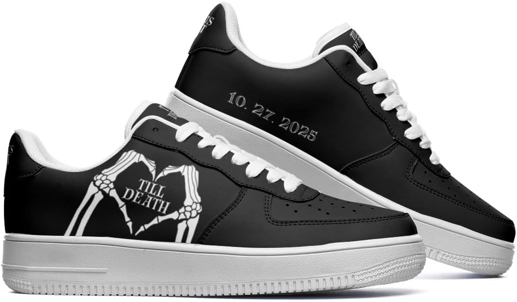 Bride Till Death Collection Low-Top Sneakers, Personalized Bride and Groom Black or White Sneakers for Wedding Day, Wedding Pictures or Honeymoon, Custom Skeleton Heart Design