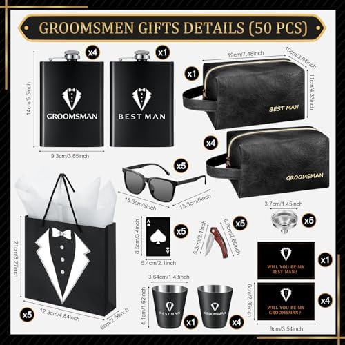 50Pcs Groomsmen Gifts Groomsmen Proposal Box with Flasks Sunglasses PU Leather Toiletry Bag Bottle Opener for Wedding Groomsman Best Man Gift (Black)