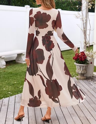 MEROKEETY Womens Long Sleeve Spring Wedding Guest Dress 2026 Crewneck Floral Flowy Mesh Cocktail Maxi Dresses