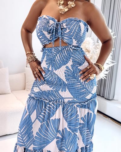 CHICME Floral Printed Prom Dress Tie Ruched Shirred Bandeau Party Dress Slim Fit Ruffle Hem Vacation Dresses