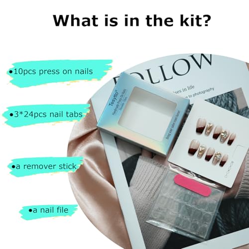 Tesytto Valentine French Tip Press On Nails Red Short Coffin – Nude Base Gold Glitter with 3D Rhinestone Decor Handmade Nails for Wedding, Party, New Year (Wine Red Romance,M)