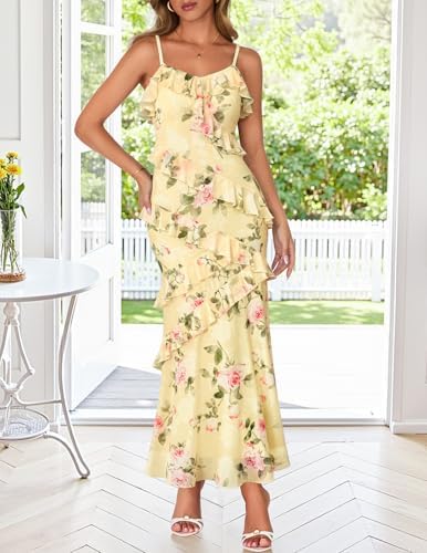 MEROKEETY Spring Wedding Guest Dress for Women 2026 Summer Floral Cocktail Party Beach Vacation Ruffle Bodycon Maxi Dresses