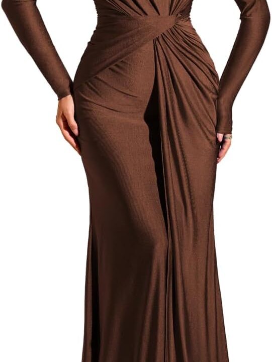 Floor-Length Bodycon Dress, Boat-Neck Ruched, Fall Long Sleeve, Semi-Formal Cocktail Evening-Gowns for Women