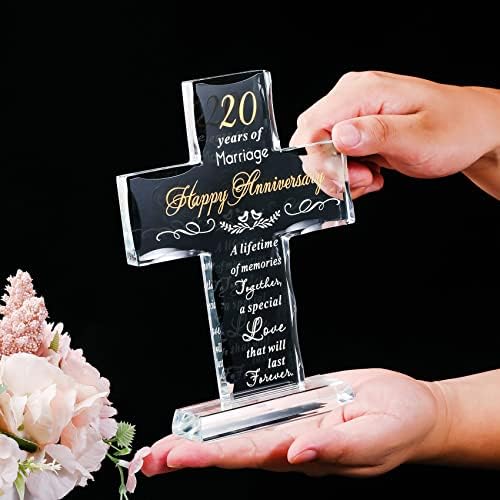 YWHL 20th Anniversary Religious Gifts for Couple, Laser Engraved Glass Standing Cross Keepsake for Him, 20 Years Wedding Anniversary Cross Gifts for Her