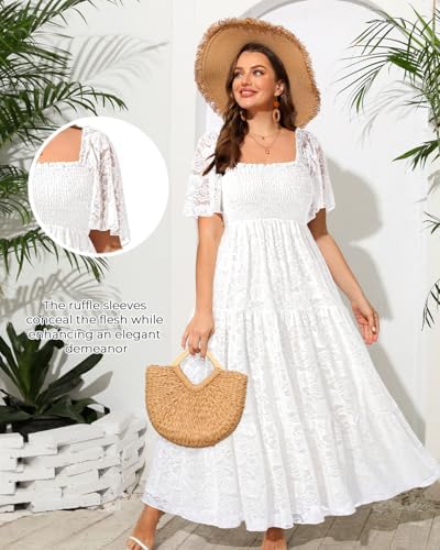 Plus Size Wedding Dress Bride Boho Lace Formal Square Neck Ruffle Sleeves Long Dresses for Curvy Women