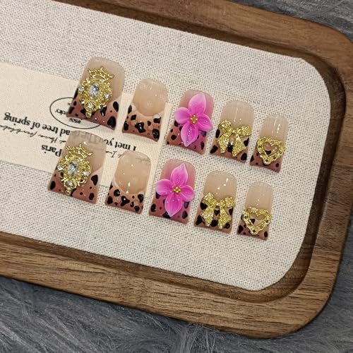 TENPAL Duckbill Nails,Brown Leopard French Tips Press on Nails with Kit,Soft Gel Fake Nails with 3D Charms Hearts Bows Flowers,Metallic Edgy Punk Y2K False Nail with Rhinestone for Winter Fall(S)