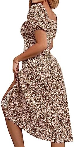 SPRIME Womens Floral Summer Casual Dress Square Neck Puff Sleeve Boho Midi Dresses Ruched Bust High Waist Split Long Dress