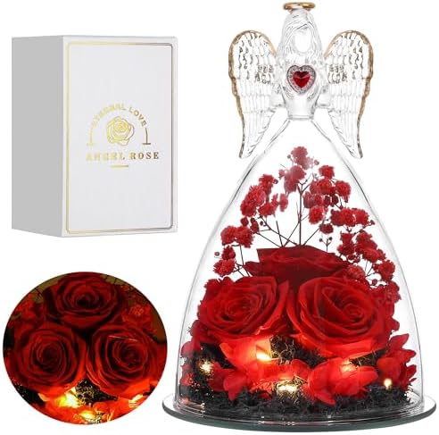 Mothers Day Rose Gifts for Women, Large Angel Figurines with Real Roses, Preserved Real Flower Rose for Her – Red