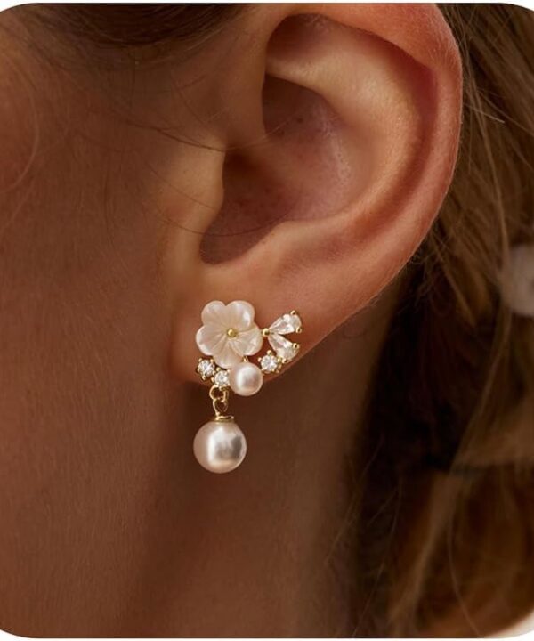 Pearl Earrings for Women Trendy,Gold Pearl Drop Earring Dainty 14K Gold Plated CZ Drop Stud Earrings for Women Unique Hypoallergenic Bridal Flower Dangle Earring Bridesmaid Wedding Jewelry