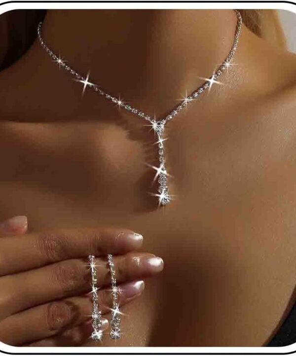 Wedding Necklace and Earring Set Silver Long Rhinestone Dangle Earrings Dainty Diamond Cubic Zirconia Bridal Chain Sparkly Crystal Tiny Y Drop Lariat Cz Pendant Choker Statement Bridesmaid for Women