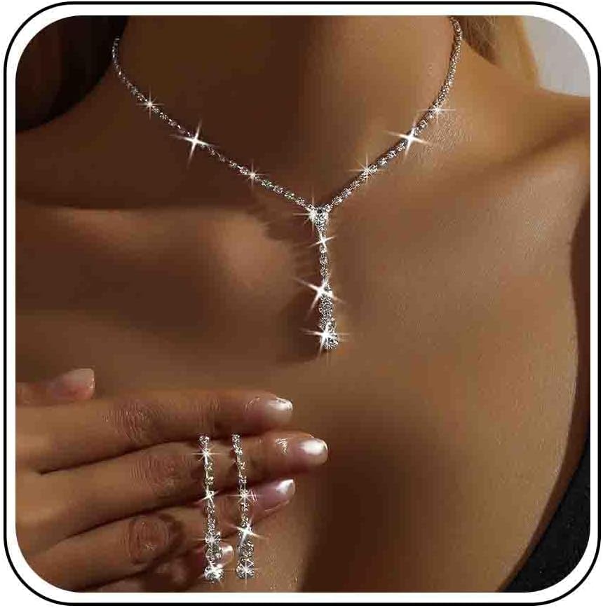 Wedding Necklace and Earring Set Silver Long Rhinestone Dangle Earrings Dainty Diamond Cubic Zirconia Bridal Chain Sparkly Crystal Tiny Y Drop Lariat Cz Pendant Choker Statement Bridesmaid for Women