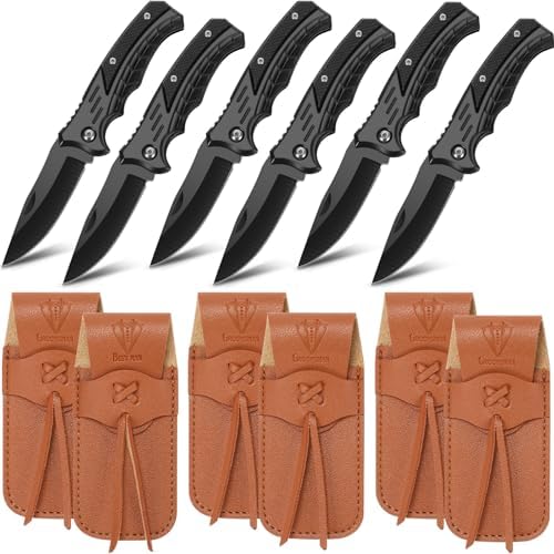 Abbylike 6 Set Man Pocket Knife Gift for Men Gifts Personalized Pocket Knife with Leather Sheaths Mini Folding Knives Proposal Gifts for Christmas Wedding Party Favors(Classic)