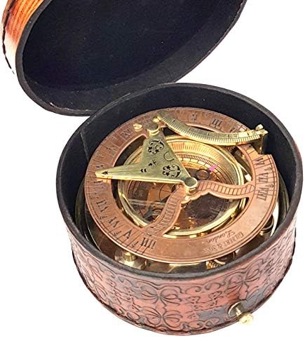Brass Nautical – Antique Brass & Copper Sundial Compass, Sundial Clock in Box Gift Sun Clock Ship Replica Watch