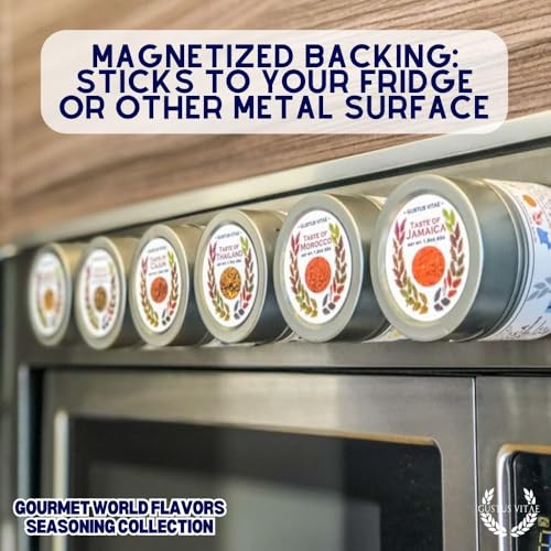 Gourmet World Flavors Seasoning Collection | Non GMO Verified | 6 Magnetic Tins | Spice Blends | Crafted in Small Batches by Gustus Vitae | #68