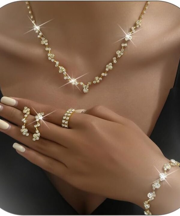 Wedding Jewelry Sets for Brides Rhinestone Necklace and Earring Set Bracelet Ring Gold Silver Prom Jewelry Sets Diamond Flower Teardrop Necklace for Women