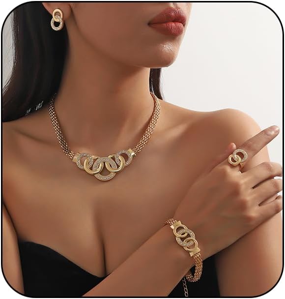 Gold Rhinestone Jewelry Set for Women Chunky Gold Rhinestone Necklace Bracelet Earrings Ring Bridal Wedding Jewelry Set