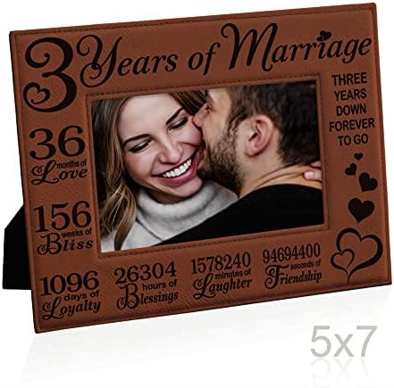 KATE POSH 3rd Anniversary Engraved Rawhide Leather Picture Frame (5×7 Horizontal)