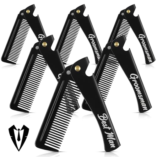 6 Pcs Groomsmen Gifts Folding Beard Comb for Men with Opener Groomsmen Gift Set of 6 Best Man Proposal Gift Combs Hair Mustache for Wedding Party Favor Grooming Detangling(Stainless Steel,Black)