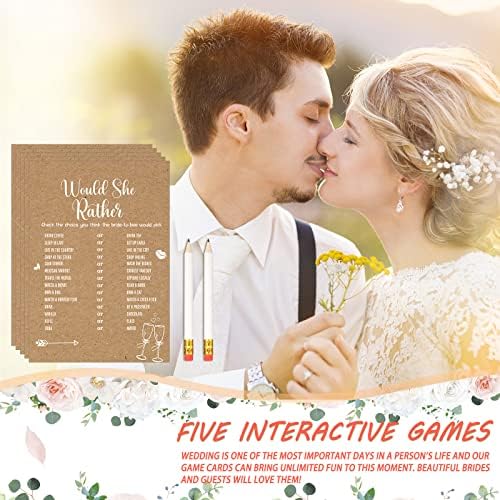 Funtery 145 Pcs Rustic Kraft Bridal Shower Games 5 Fun Wedding Party Games Activities Set Include 125 Wedding Shower Cards 20 Pencils Bride Groom Bachelorette Party Favor Supplies, for 25 Guests