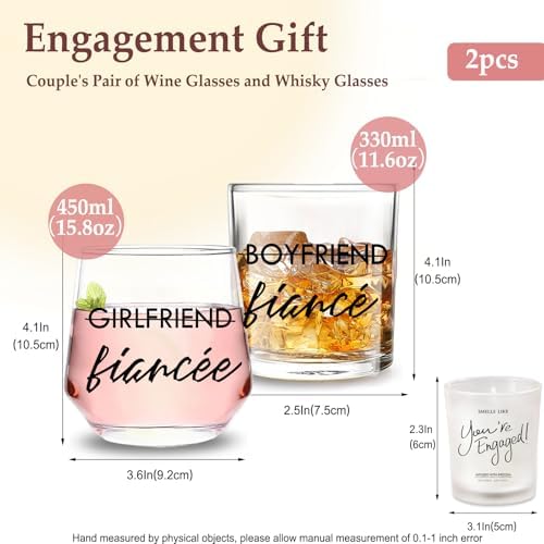 Engagement Gifts for Couples, 10 oz Whiskey and 12 oz Wine Glass Set, Newly Engaged Fiancee & Fiance Gifts for Women, Fade-Resistant, Beautiful Packaging, Proposal Decorations & She Said Yes Present