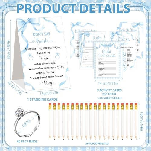 Estune 331 Pcs Bridal Shower Games Supplies, 5 Sets 250 Pcs Wedding Cards 1 Bridal Shower Games with 60 Rings and 20 Pencils (Blue Bow)