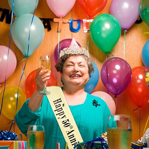 YARIEW 50th Anniversary Decorations, Gold Crown and Happy 50th Anniversary Sash Set, Tiara Crown Sash for 50th Wedding Anniversary Decorations for Party Gifts for Women