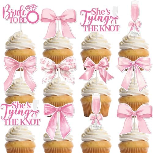 FodeMoraka Shes Tying The Knot – 36 Pcs Pink Bride to Be Cupcake Toppers Decorations Set Cake Cupcakes Dessert Decor Coquete Bow Wine Glass Party Supplies Favors for Girls Bachelorette Bridal Shower