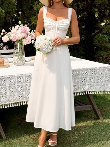 KUTUMAI Floral Corset Midi Dresses for Women 2026 Lace Up Flowy Summer Wedding Guest Dress with Pockets